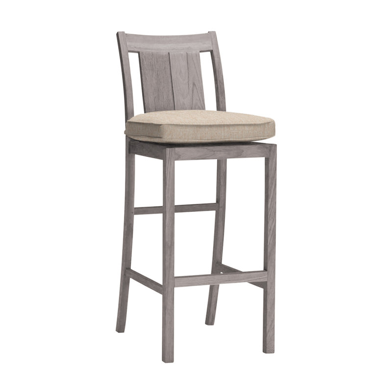 Croquet 30" Patio Bar Stool with Cushion, Oyster Teak, Welt, Natural White
