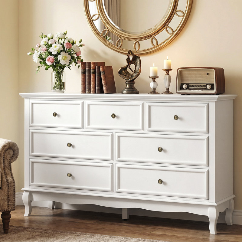 Blane 53.1" W 7 - Drawer Dresser，Solid Wood Legs, White