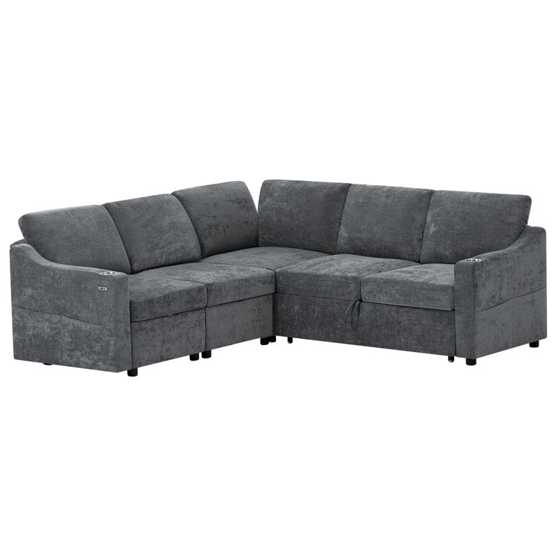 84" 5-Seats Modern Modular Sleeper Sofa With Adjustable Backrest, Chenille L-Shape Sectional Couch With Usb Charging & Pull Out Bed, Convertible Corner Sofa With Cup Holders & Ottoman For Living Room, Office
