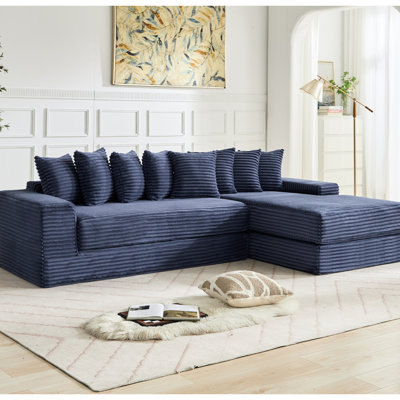 New L-Shape Corduroy 3 Seat Convertible Bed, Blue, No Assembly, 8 Pillows, Space Function