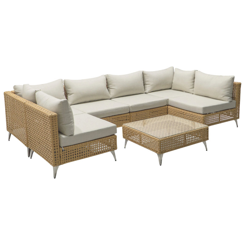 Natural Wicker Outdoor Conversation Set, Modular Patio Furniture With Cushions