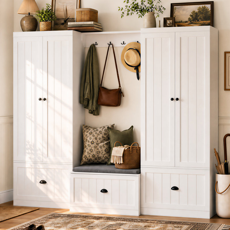 86.7" W Hall Tree Set with Bench, Cabinets, Drawers, Hooks and Entryway Storage