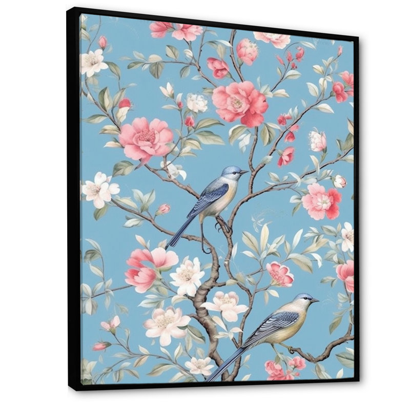 "Chinoiserie avec oiseaux et pivoines", impression sur toile encadrée, H 16 po x l 16 po x P 1 po, Cadre flottant noir