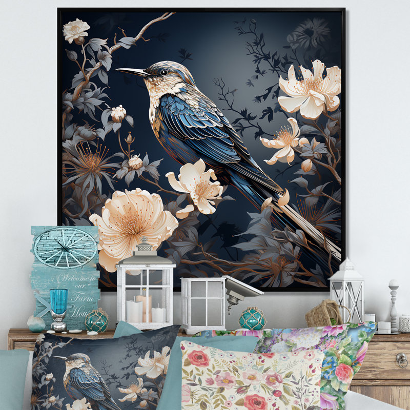 «Midnight Floral Bird Melody 3 - Colibri», art mural, Cadre flottant noir, H 30 po x l 30 po x P 1,5 po