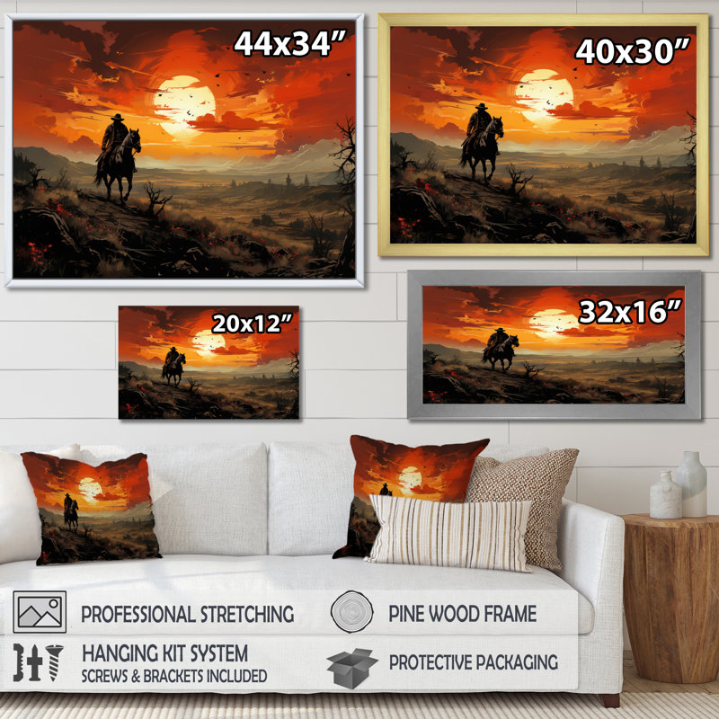 «Cowboy Riding Into The I», reproduction d'art sur toile, Cadre flottant noir, H 30 po x l 40 po