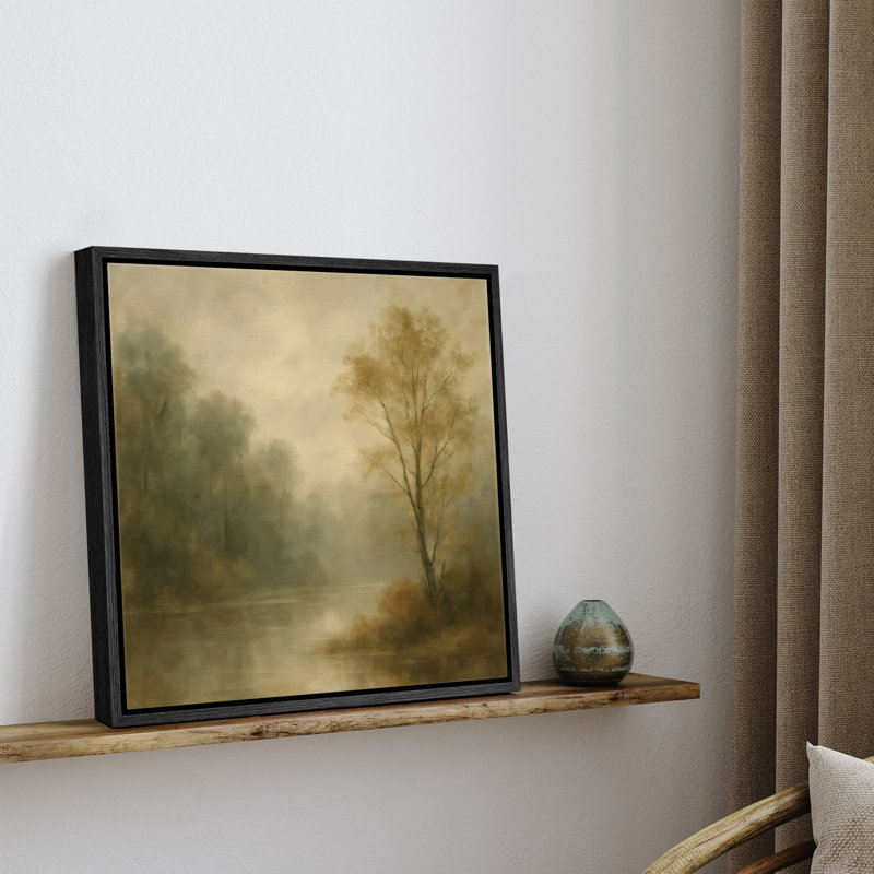 «Misty Forest River Landscape with Soft Neutral Tones», reproduction d'art sur toile encadrée, H 16 po x l 16 po x P 1,5 po