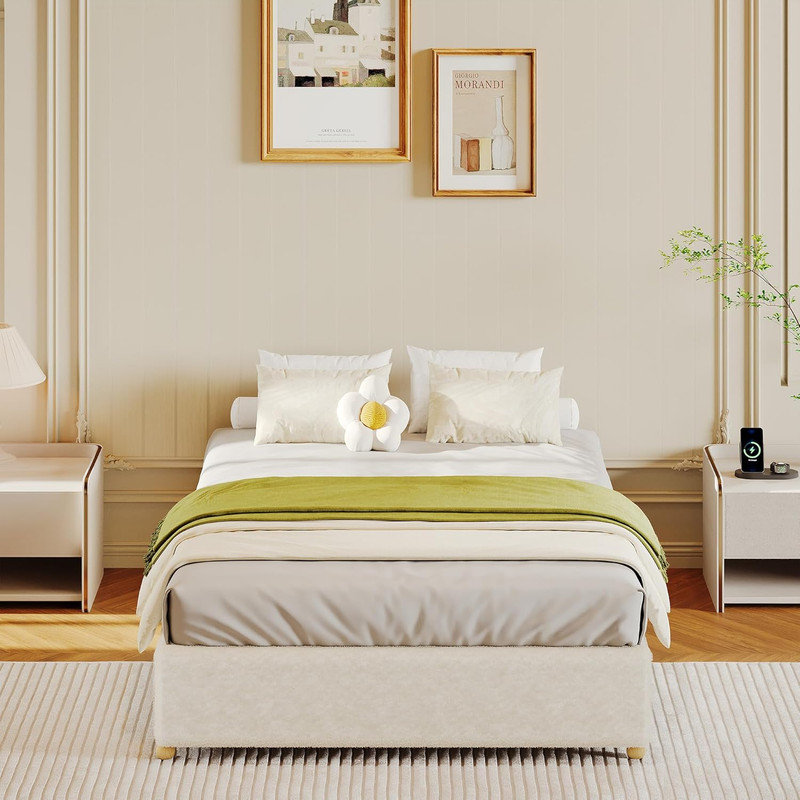 Structure de lit Cloud, lit plateforme tapissier en velours côtelé avec pattes en bois massif, Lit simple, Beige