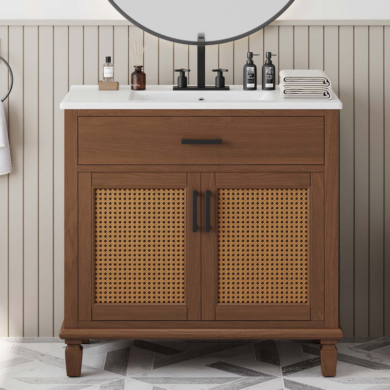 Meuble-lavabo moderne en rotin avec lavabo en céramique et beaucoup de rangement, Brun