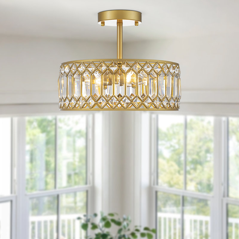 Luxury Crystal Drum Semi Flush Mount Light, Gold, 3 Lights