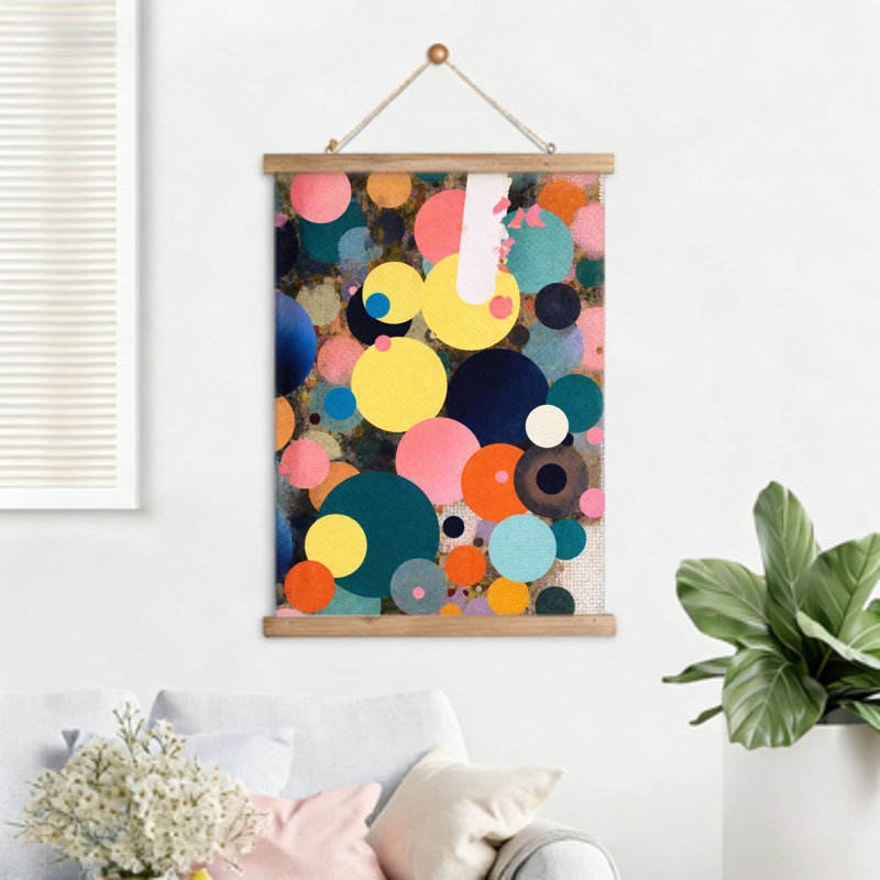 Collage de cercle coloré, art mural à volutes suspendues, cintre en bois intégré, 16 x 24