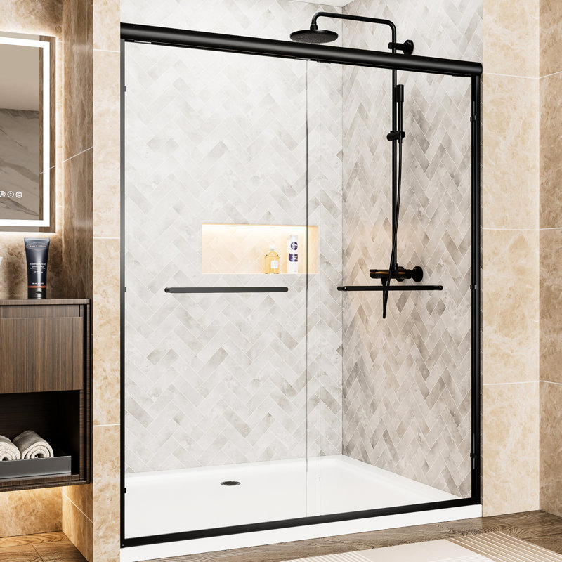 72" Tall 60" Wide Double Sliding Shower Door, 1/4" (6Mm) Clear Tempered Glass, Matte Black Aluminum Frame, Stainless Steel Handles, Width Can Be 56" - 60", Waterproof Function For Room, Scatter Film,