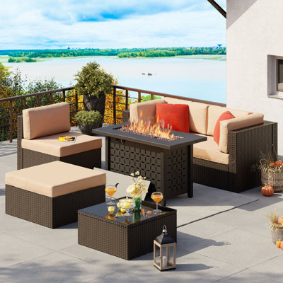  Ensemble de patio d'extérieur en rotin 6 pièces avec foyer