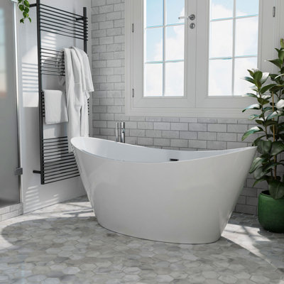 59" X 30" Freestanding Hourglass Soaking Acrylic Bathtub, In White, With Brushed Nickel Overflow And Drain