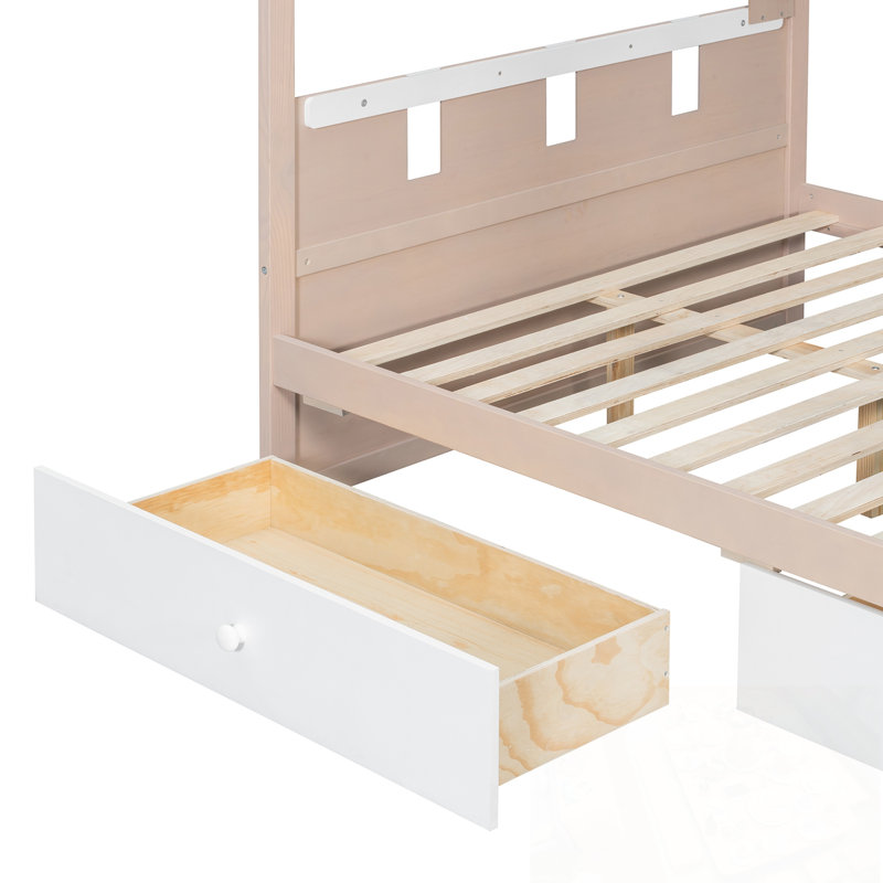 Lit superposé double pleine grandeur de style château avec 2 tiroirs, tablette et DEL, Blanc