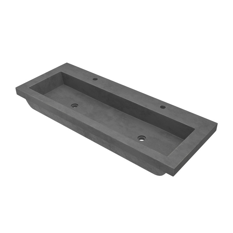 Trough Concrete Handmade Rectangular Drop-in Bathroom Sink, Slate, Two Holes Faucet