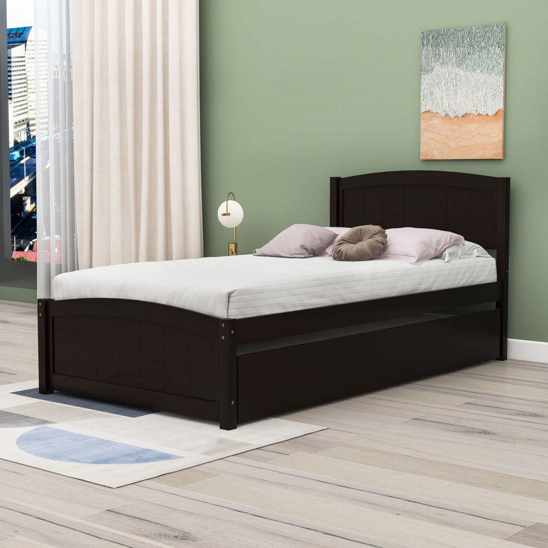 Twin Size Wooden Platform Bed With Trundle, Espresso
