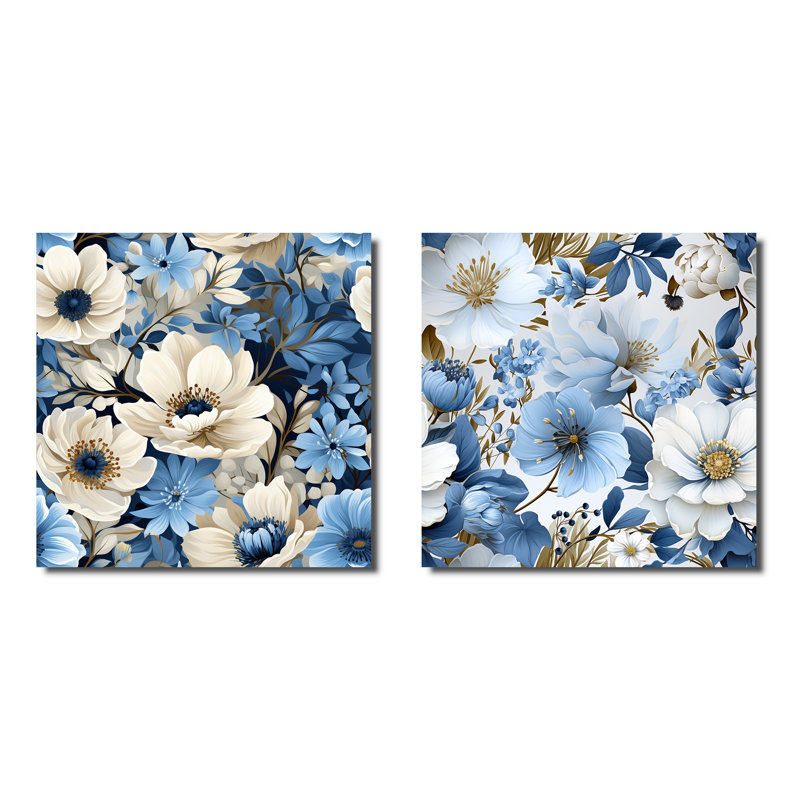 Ensemble de 2 collages floraux carrés à motif floral, H 16 po x l 33 po, Toile tendue