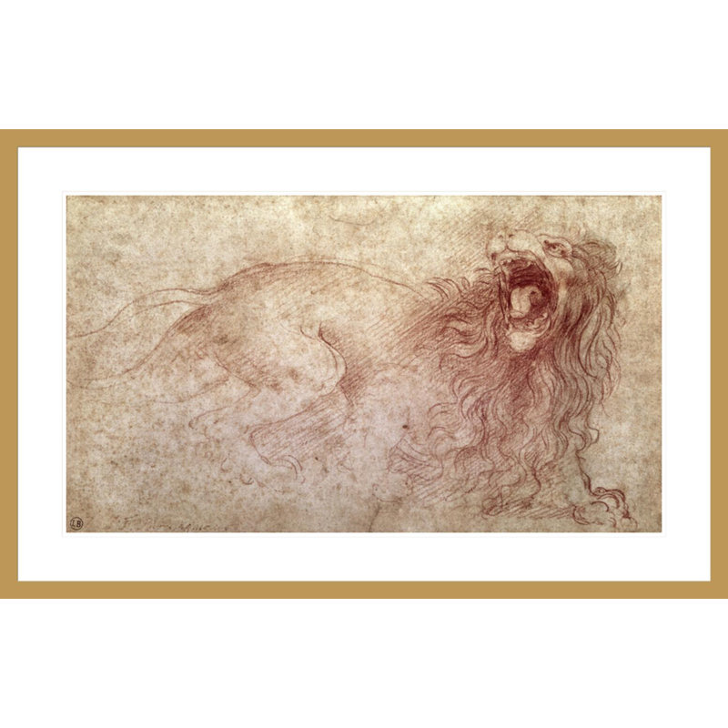 Esquisse d'un lion rugissant (craie rouge sur papier) par Leonardo Da Vinci, impression giclée encadrée