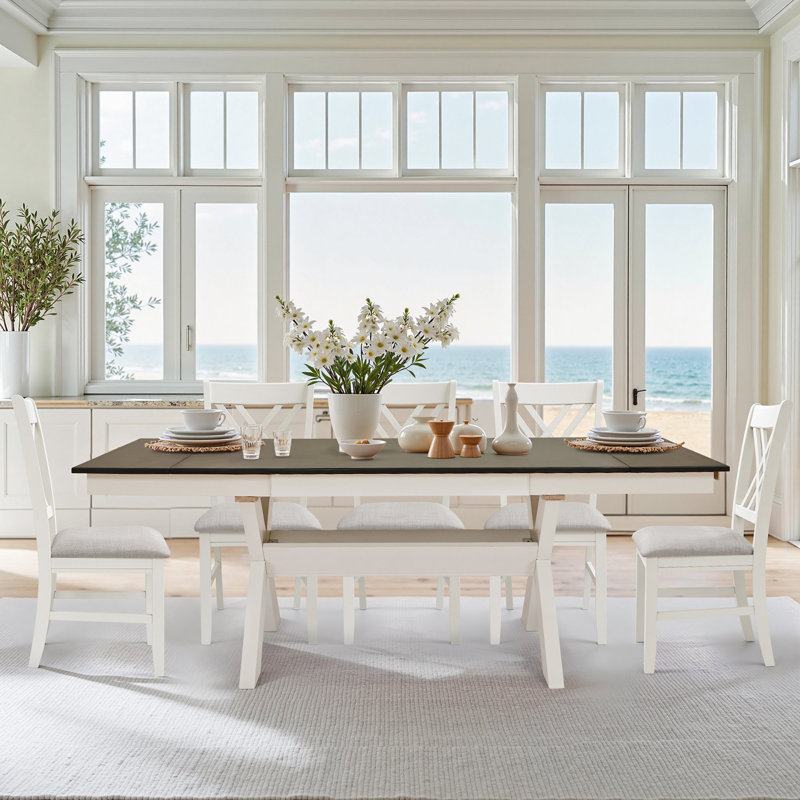 7-Piece Farmhouse Extendable Dining Set, White/Gray