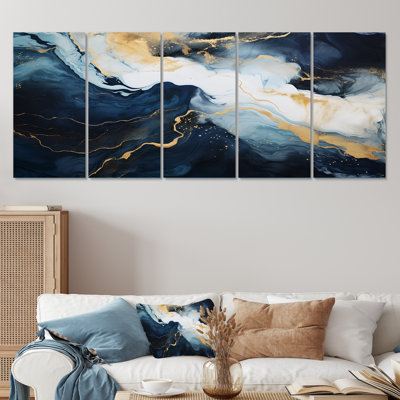 Gold And Blue Abstract Marble Paint IV - Abstract Marble 5 Piece Wall Art