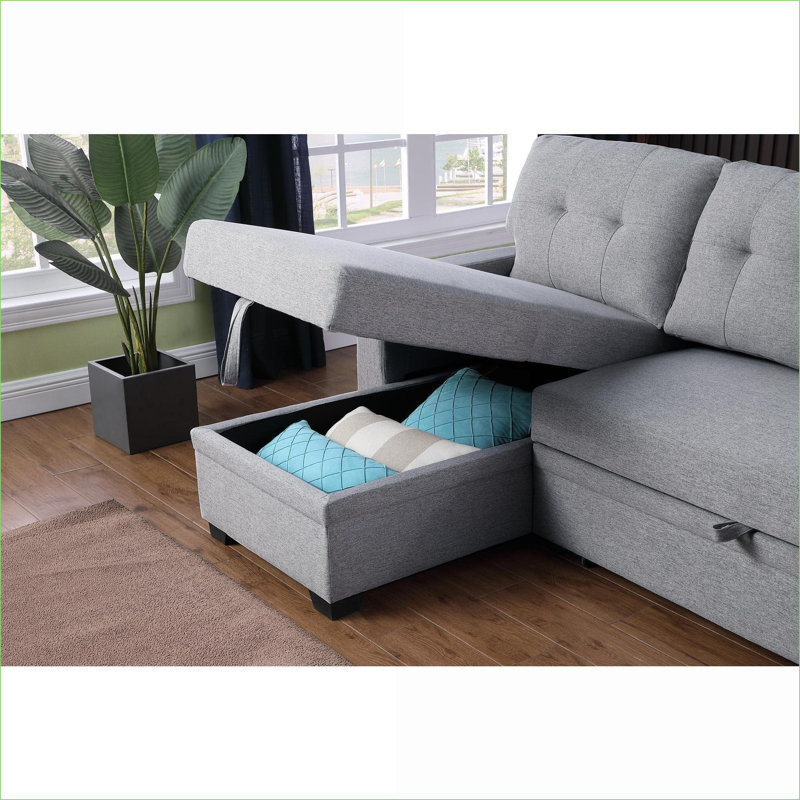 Sectional Sofa with Pull-Out Twin Sleeper &amp; Storage Chaise | Light Gray Linen