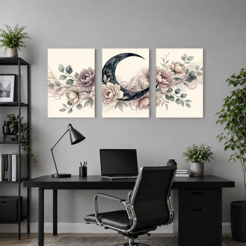 Ensemble de 3 toiles pivoines et eucalyptus avec croissant de lune, H 18 po x l 12 po x 3 pièces