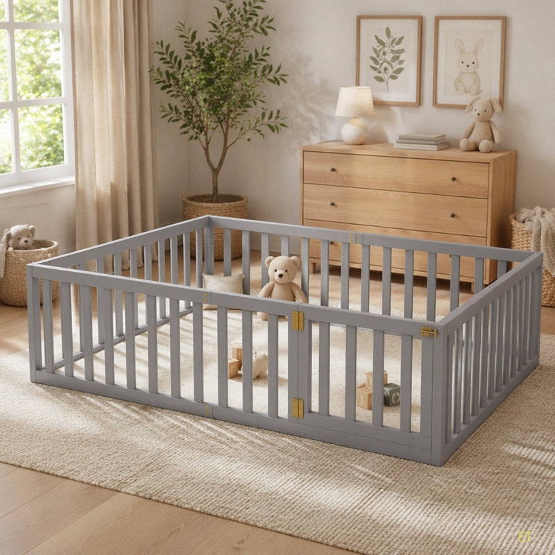 Queen Size Wood Floor Bed Frame With Fence And Door, Queen, Gray