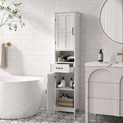kleankin Slim Bathroom Storage Cabinet, Tall Bathroom Cabinet, Linen Tower with Open Shelf, Drawer, Recessed Doors, and Adjustable Shelves, White