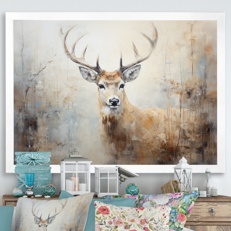 Minimalisme beige, portrait de cerf IV - impression sur toile encadrée de cerf, H 30 po x l 40 po x P 1,5 po, Cadre blanc