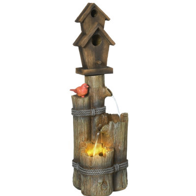 3-Tier Rustic Tree Trunk Outdoor Fountain - Birdhouse & Cascading Bird Bath with LED Lights for Porch Yard Decor