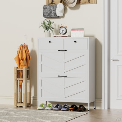Shoe Cabinet With 2 Flip Drawers And 2 Drawers, Slim Metal Entryway Storage Cabinet, Freestanding 31.5"W X 40.75"H White Organizer With Anti-Tip Device