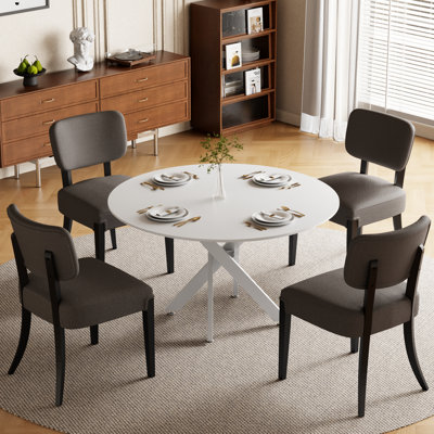 35.4"/47" Round MDF Dining Table With Industrial Metal Cross Base & Modern Armless Upholstered Dining Chair Set, Seats 4-6 For Kitchen Apartment Breakfast Nook