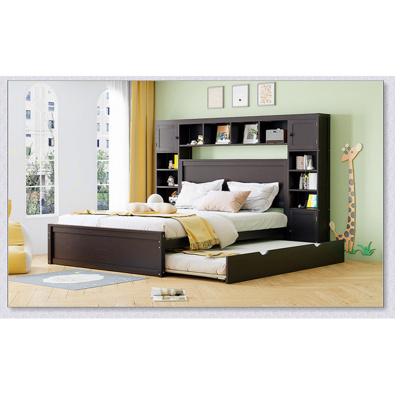 Grand lit en bois avec armoire, tablette et prises tout-en-un, Espresso