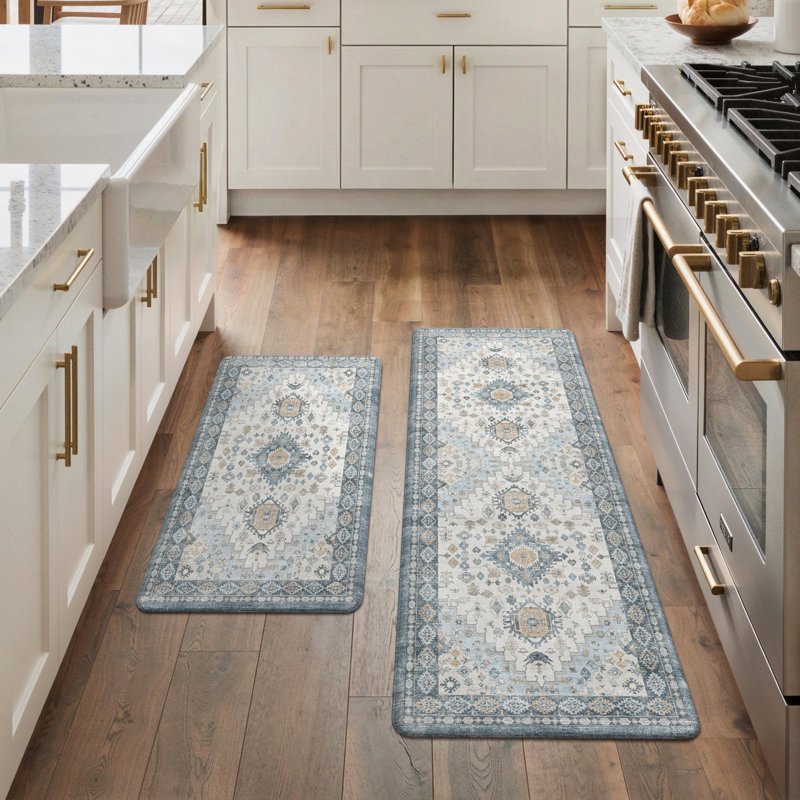 Anti-Fatigue Anti-Slip Waterproof Kitchen Mat, Runner 17" x 47" + 17" x 30", Light Blue