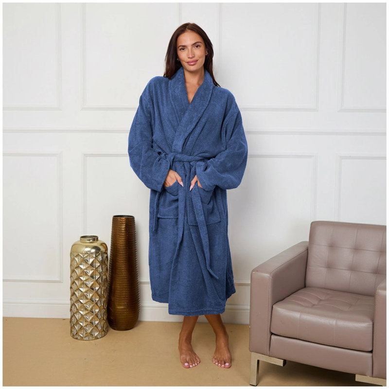 100% Cotton Mid-Calf Bathrobe with Pockets, Navy