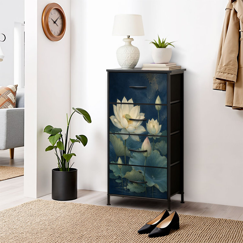 Commode 4 tiroirs pour chambre à coucher, commode étroite, plateau en bois et structure de bureau en fer 18 po x 37,5 po (lxH) - avec des feuilles de lotus élégantes aux tons bleus doux