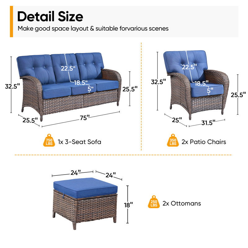 Ensemble de conversation d'extérieur en osier pour 7 personnes avec coussins et 2 chaises longues Teebeck, Bleu