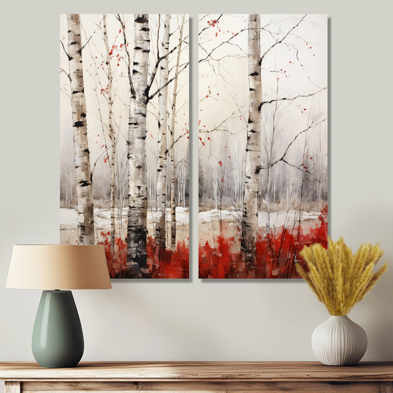 Bois de bouleau blanc et rouge en hiver II - impressions sur toile rouges, H 32 po x l 32 po, Toile tendue, Ne s’applique pas