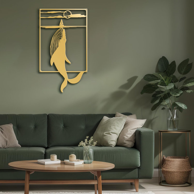 Décoration murale en métal baleine minimaliste moderne abstrait décoration murale, H 18 po x l 12 po x P 0,05 po, Or