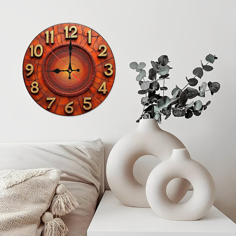 Orange Ceramic Wall Clock Rustic Sunburst Design