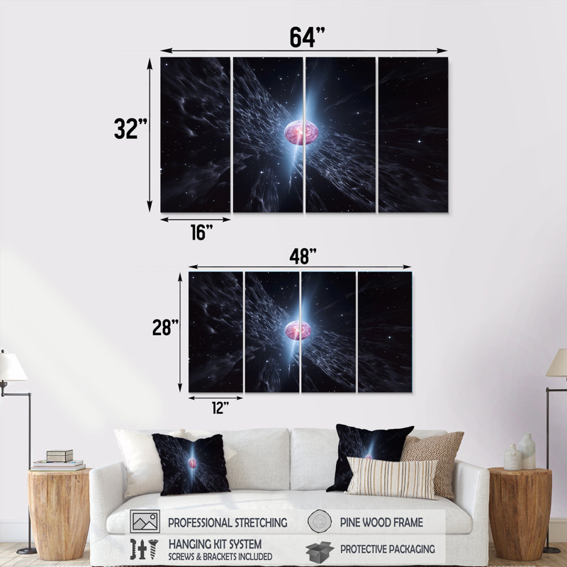 Orbite rose dans l'espace lointain - art mural 4 pièces, H 32 po x l 64 po