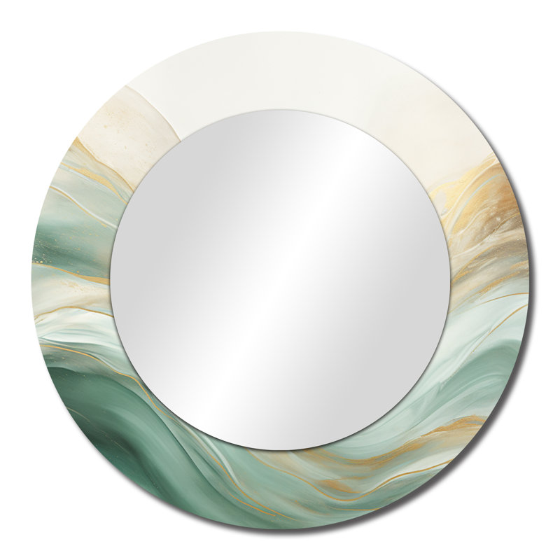 Sambor doré et vert Soft Wave Fusion I - grand miroir mural de formes abstraites, miroir rond moderne unique, impression d'art en métal