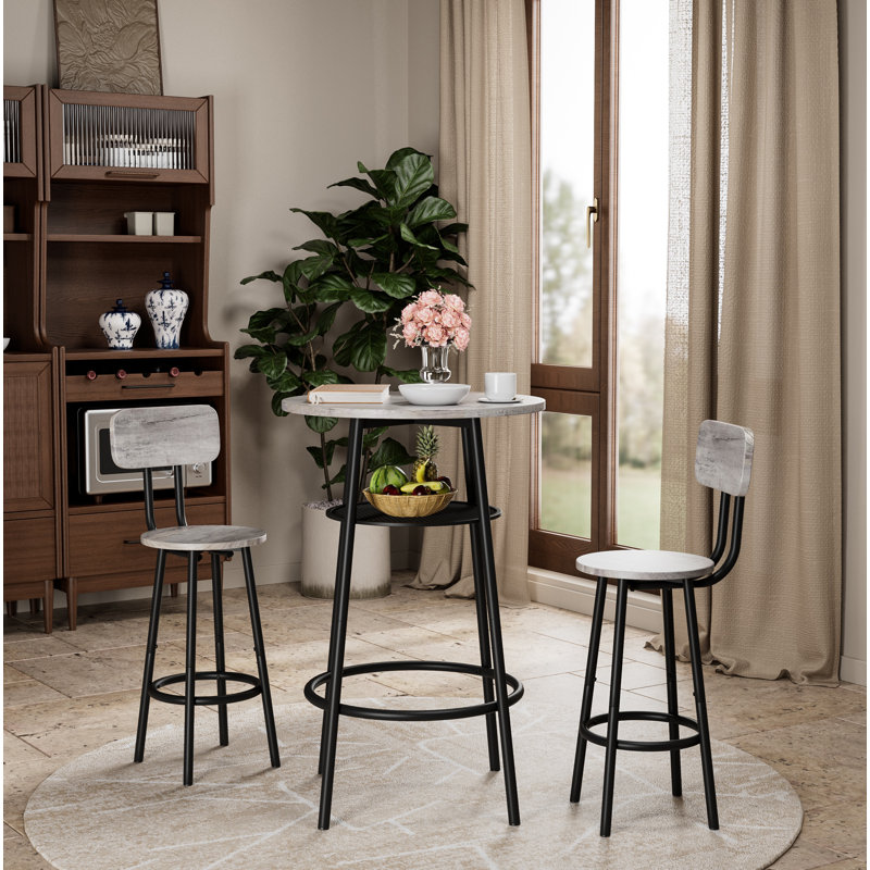 Ensemble de 3 tables de bar rondes, comprenant 2 tabourets et 1 table. La table de salle à manger est équipée d'un plateau en marbre artificiel et convient aux restaurants à la maison ou à l'hôtel, aux cuisines ou aux bars. Gris, noir