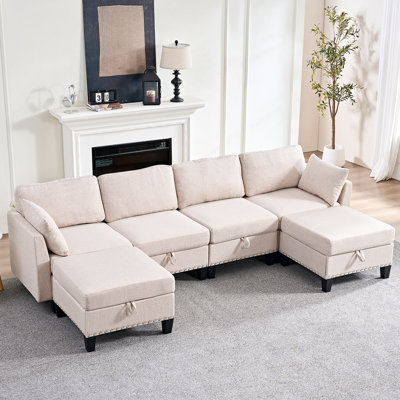 Canapé modulaire en lin 109 po avec repose-pieds et rivets