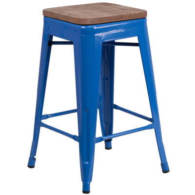Gladus 24" High Backless Clear Coated Metal Counter Height Stool - Square Wood Seat