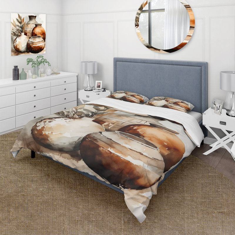 Ensemble de housse de couette en terre cuite brune et crème I - Boho Pottery