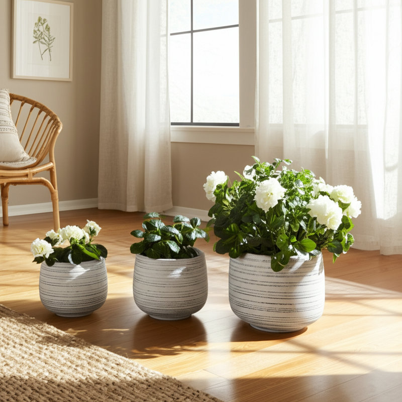 Clay Planters Modern Decorative Garden Pots Contemporary Rounded Design Sleek Style Indoor Outdoor Display Set Of 3