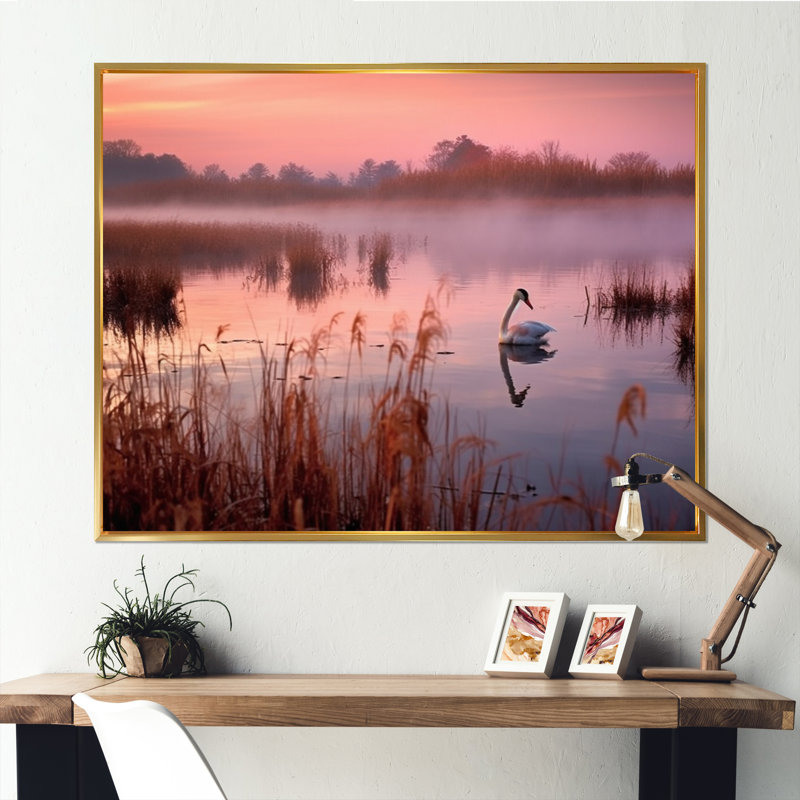 Bellamae, cygnes roses au coucher du soleil, reproduction sur toile, H 30 po x l 40 po x P 1,5 po, Cadre flottant doré
