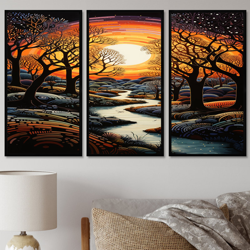 «Enchanted Forest Blue Stream Sunset - River», ensemble d'art mural, Cadre flottant noir, H 40 po x l 60 po x P 1 po