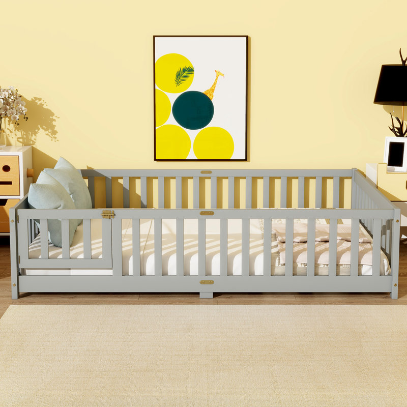 Full Size Floor Bed With Fence And Door,Rubber Wood Floor Bed With Safety Guardrails,Grey, Gray, Full
